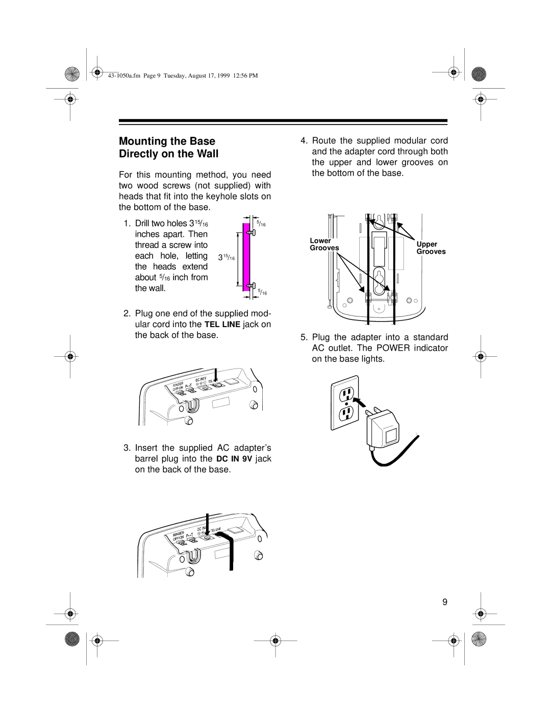 Radio Shack ET-550 owner manual Mounting the Base Directly on the Wall 