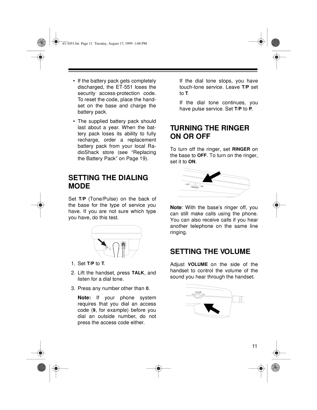 Radio Shack ET-551 owner manual Setting the Dialing Mode, Turning the Ringer on or OFF, Setting the Volume 