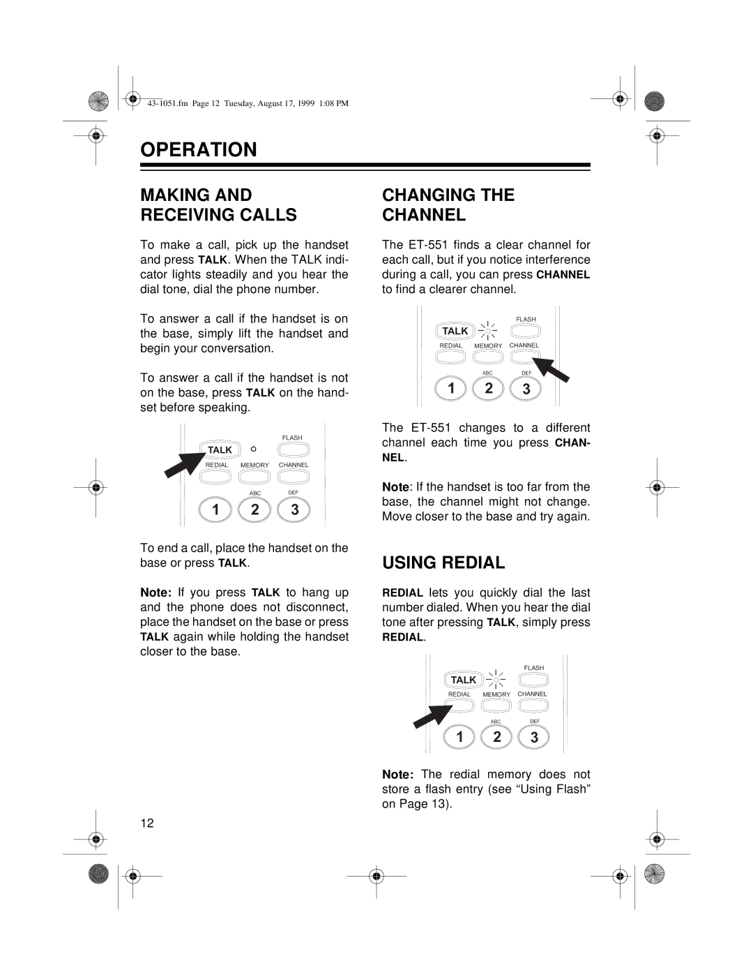 Radio Shack ET-551 owner manual Operation, Making and Receiving Calls, Changing Channel, Using Redial 