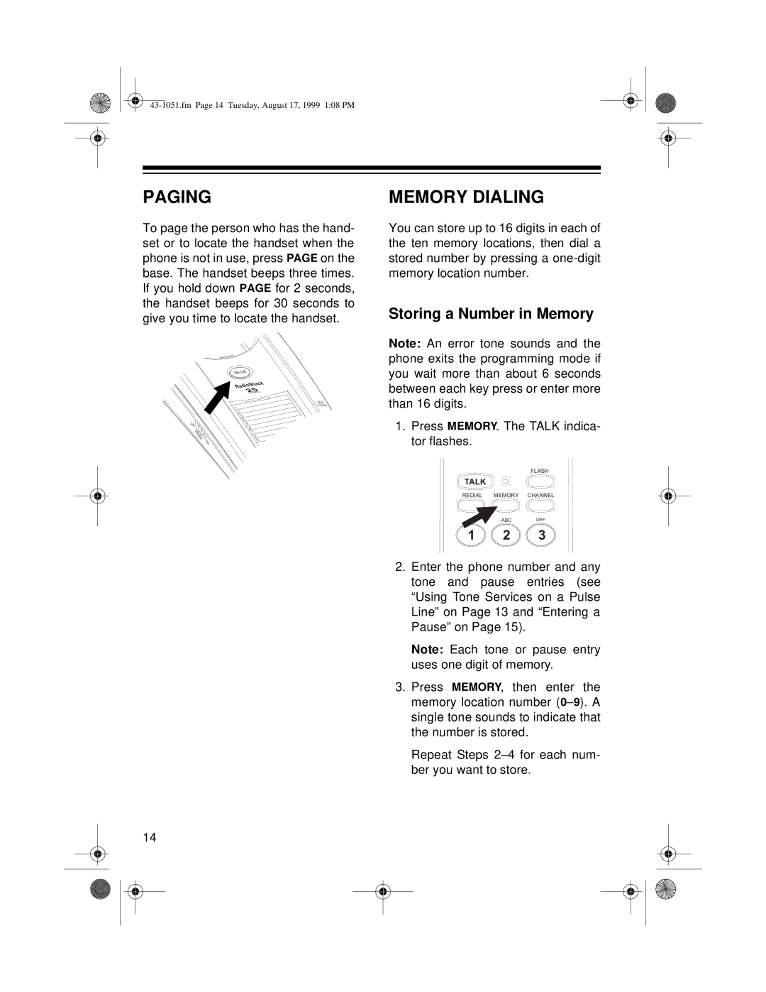 Radio Shack ET-551 owner manual Paging, Memory Dialing, Storing a Number in Memory 