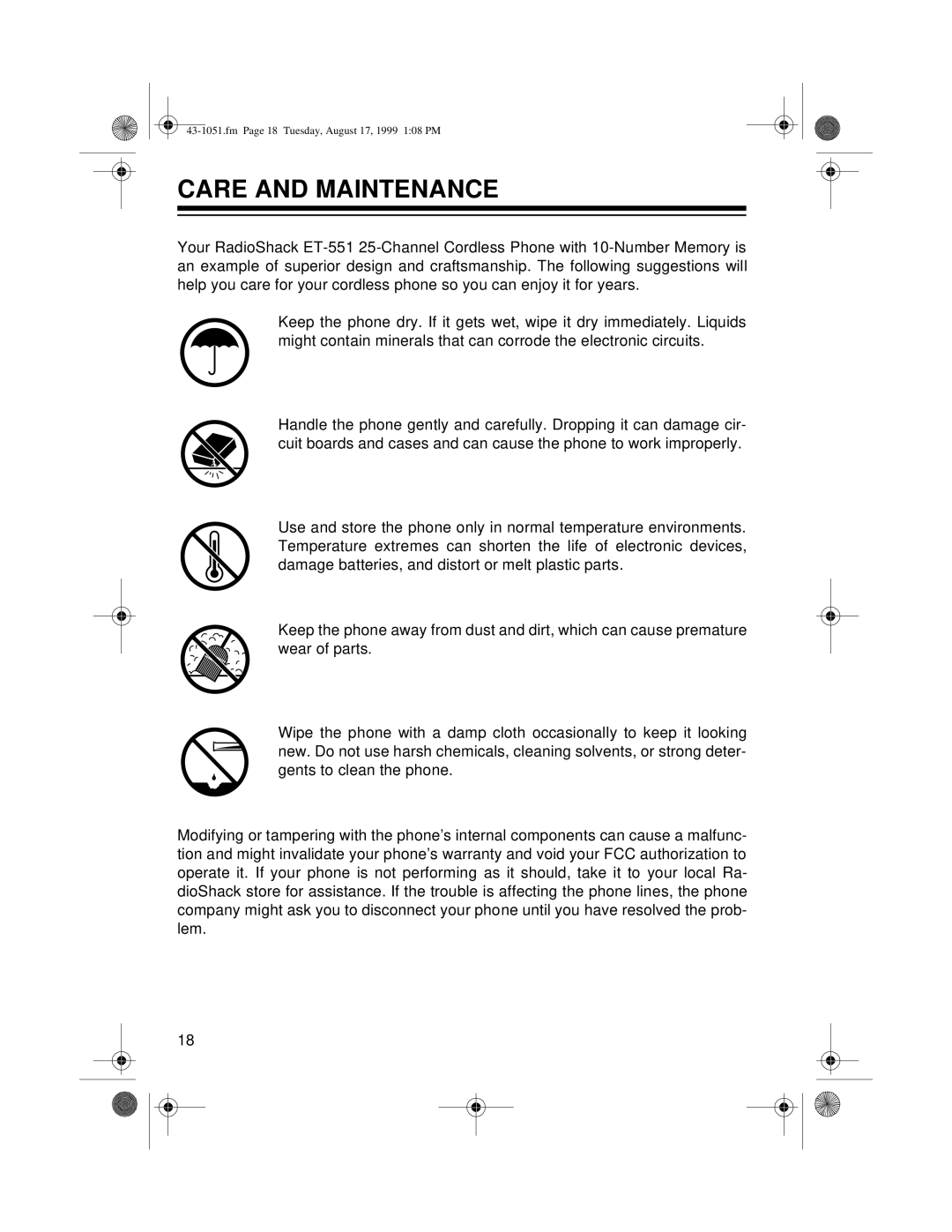 Radio Shack ET-551 owner manual Care and Maintenance 