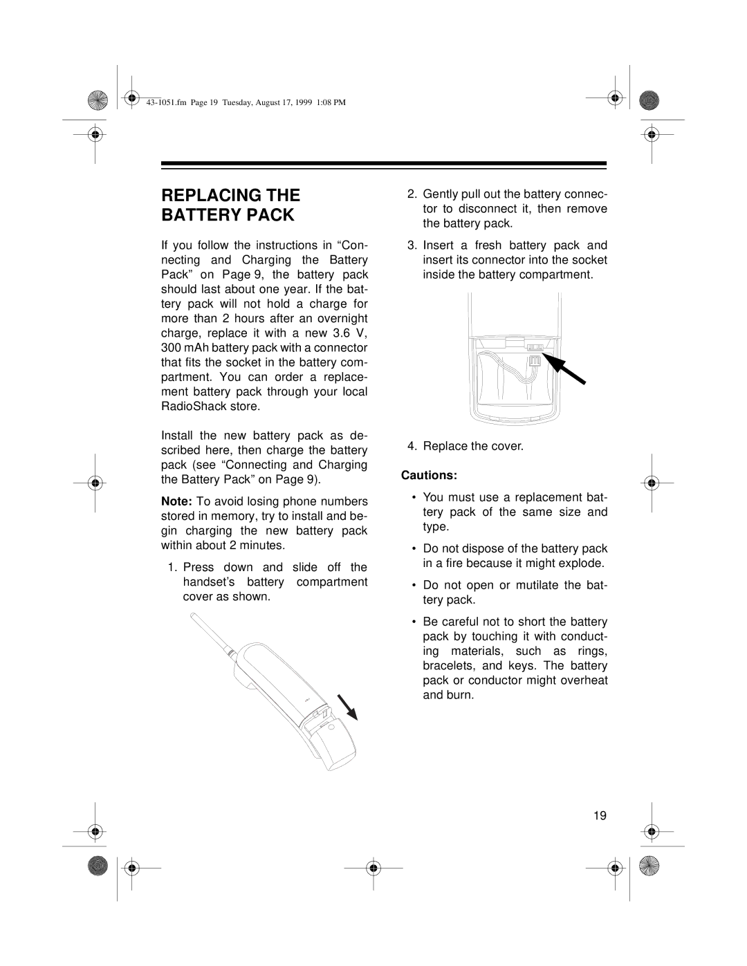 Radio Shack ET-551 owner manual Replacing Battery Pack 