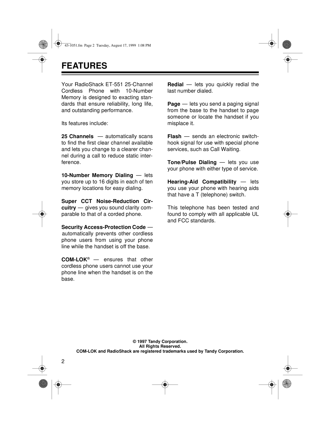 Radio Shack ET-551 owner manual Features 