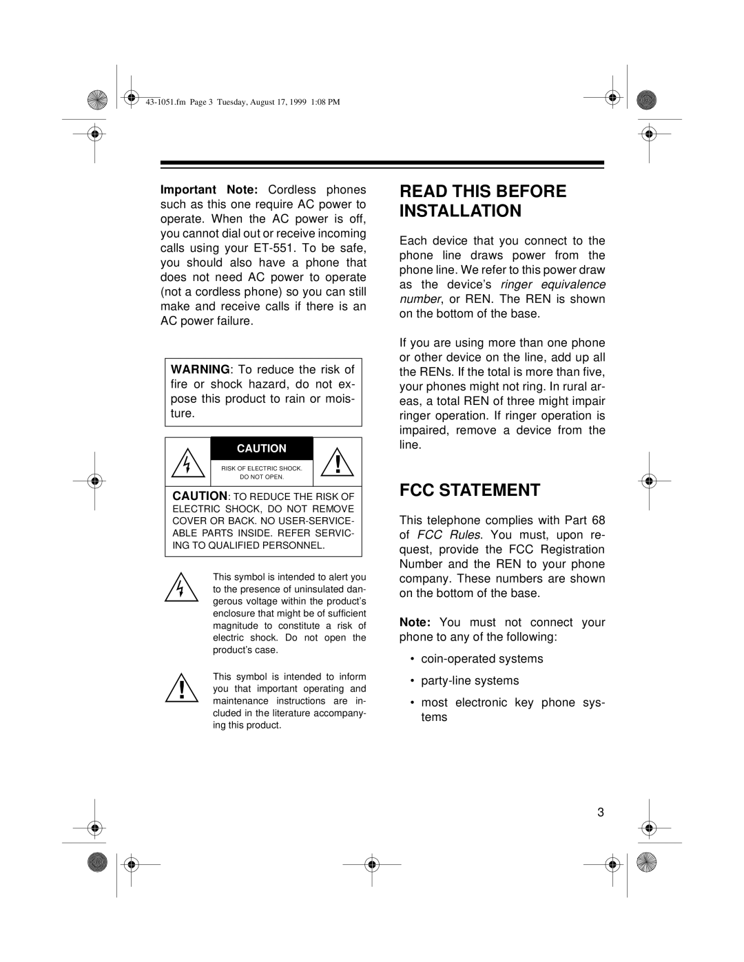 Radio Shack ET-551 owner manual Read this Before Installation, FCC Statement 