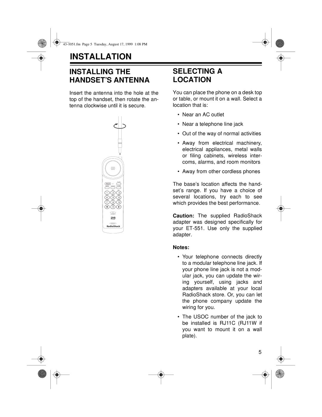 Radio Shack ET-551 owner manual Installation, Installing the HANDSET’S Antenna, Selecting a Location 