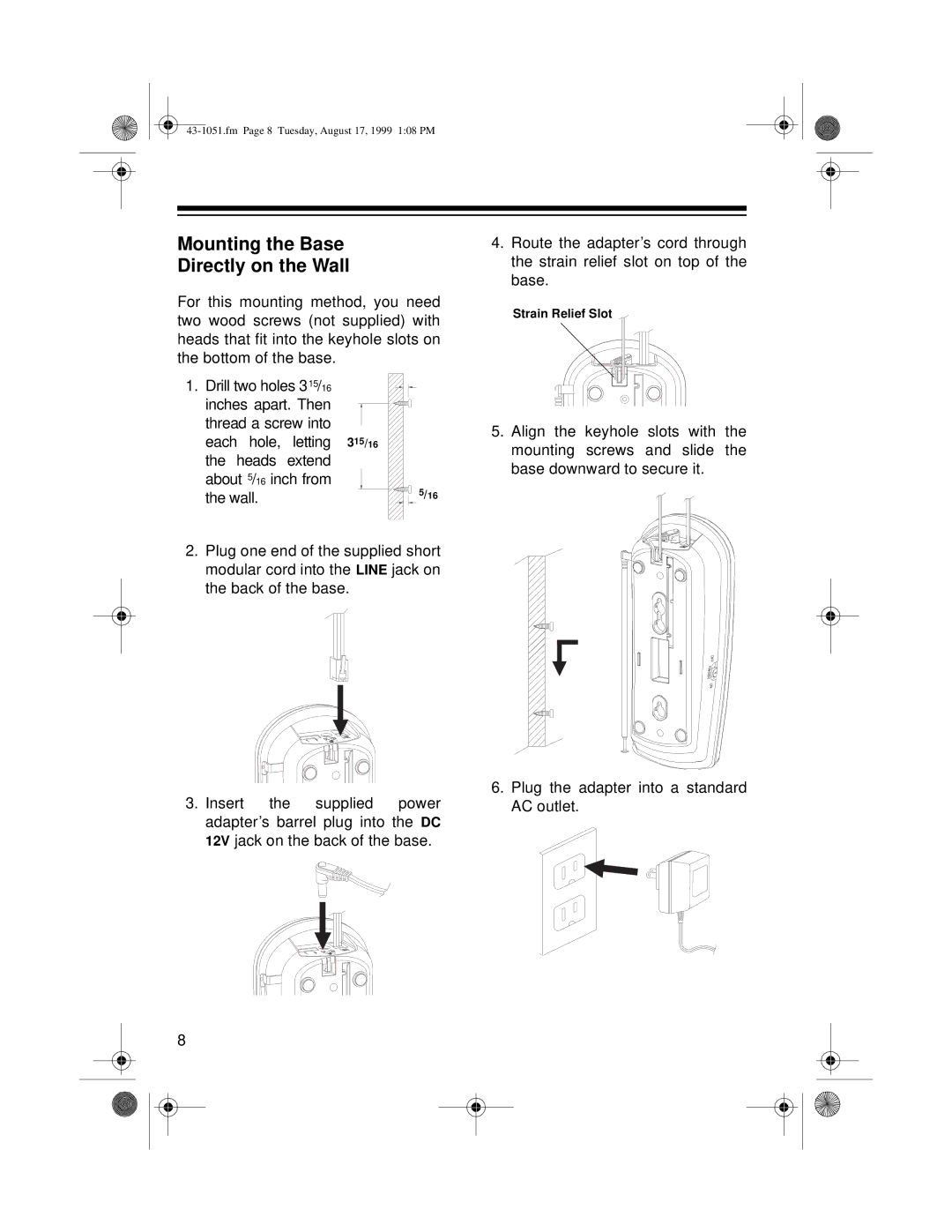 Radio Shack ET-551 owner manual Mounting the Base Directly on the Wall 