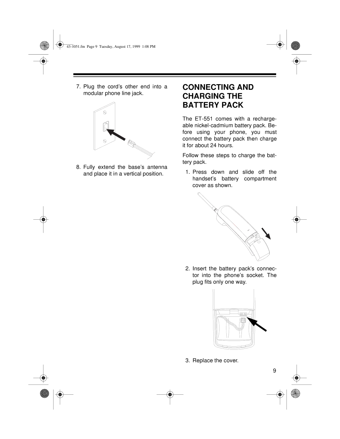 Radio Shack ET-551 owner manual Connecting and Charging the Battery Pack 