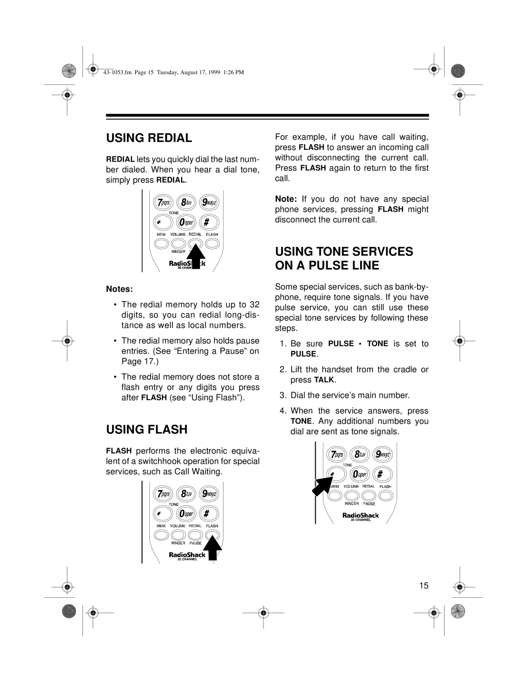 Radio Shack ET-554, ET-553 owner manual Using Redial, Using Flash 