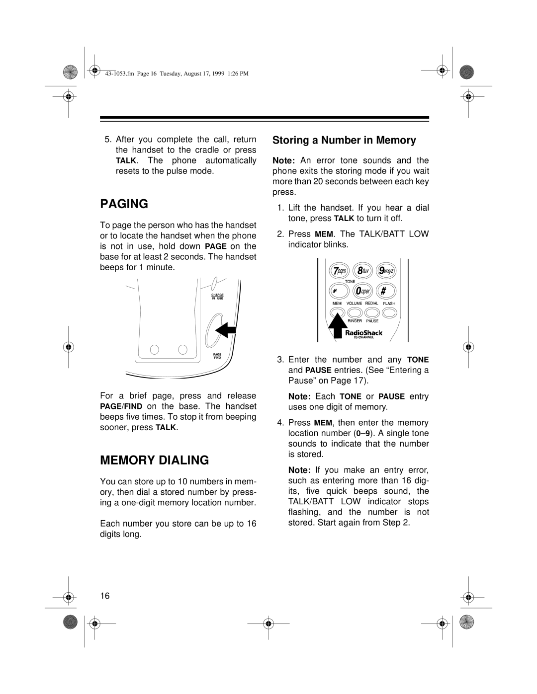 Radio Shack ET-553, ET-554 owner manual Paging, Memory Dialing, Storing a Number in Memory 