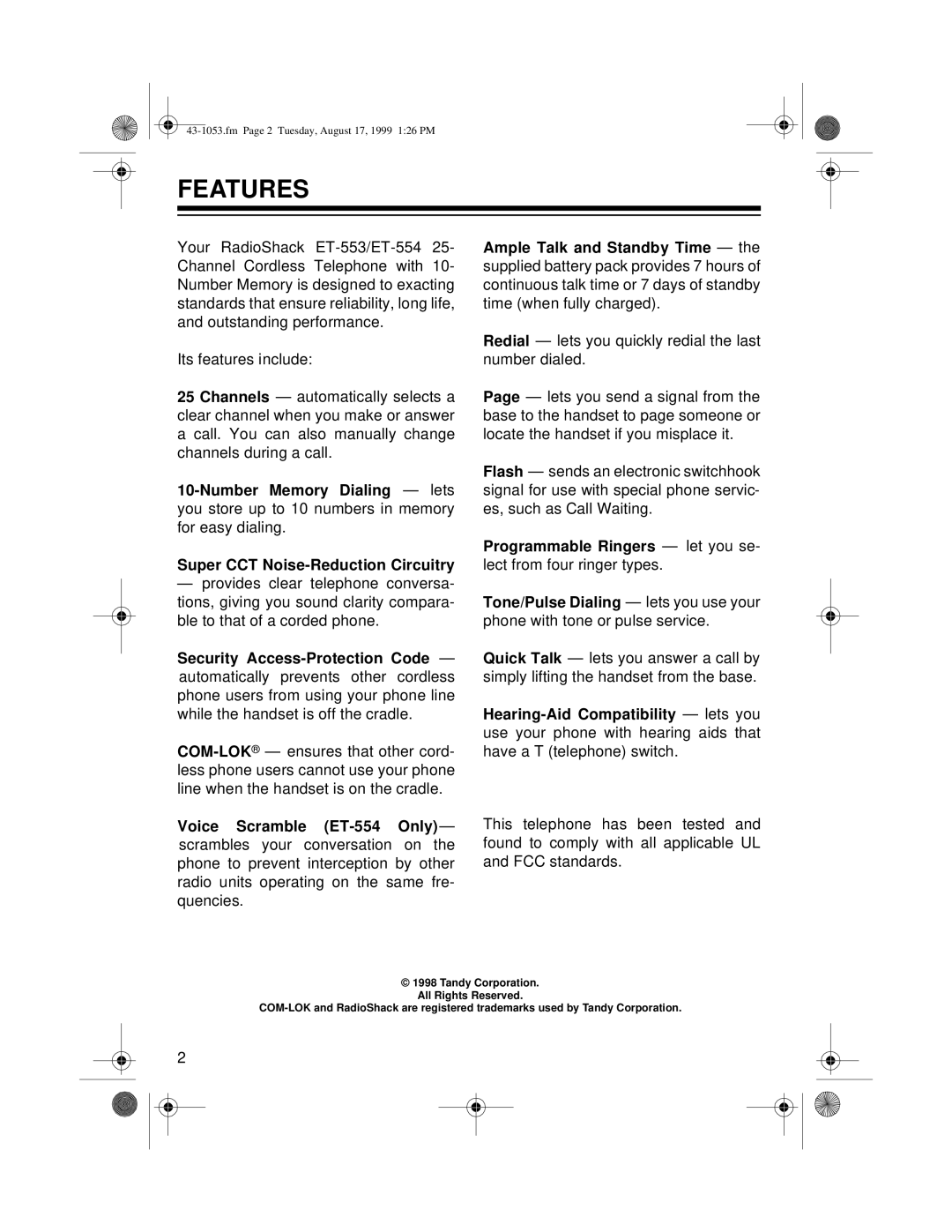 Radio Shack ET-553, ET-554 owner manual Features 