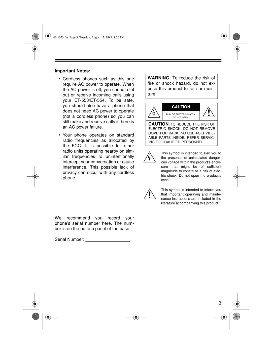 Radio Shack ET-554, ET-553 owner manual Important Notes 