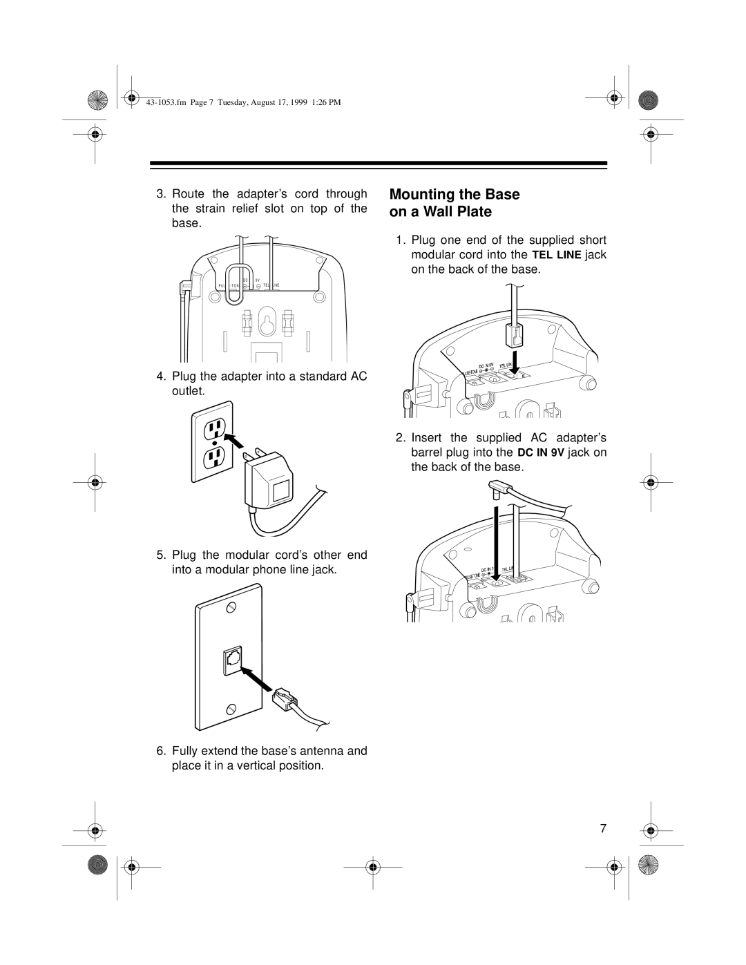 Radio Shack ET-554, ET-553 owner manual Mounting the Base on a Wall Plate 