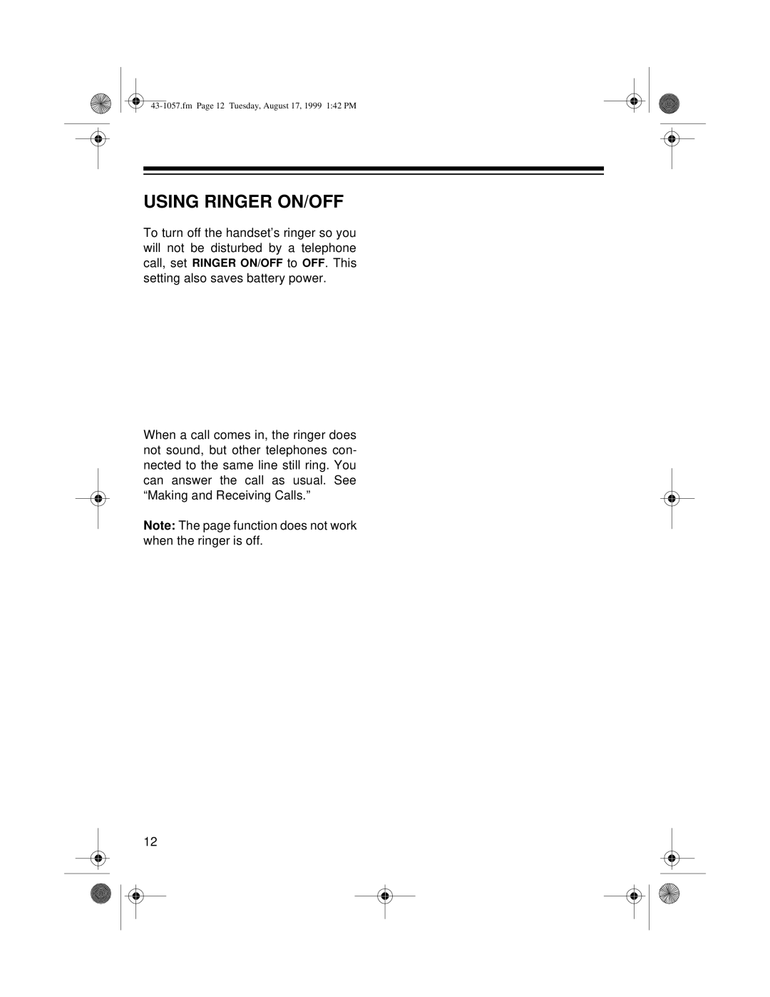 Radio Shack ET-557 owner manual Using Ringer ON/OFF 