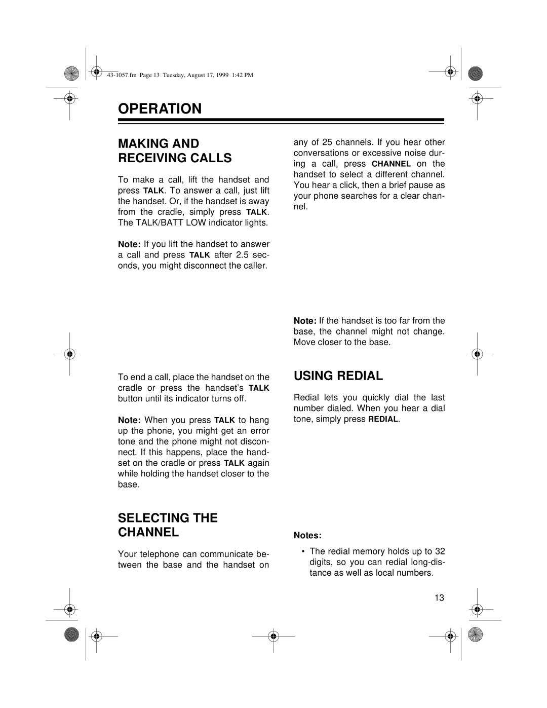 Radio Shack ET-557 owner manual Operation, Making and Receiving Calls, Using Redial, Selecting 