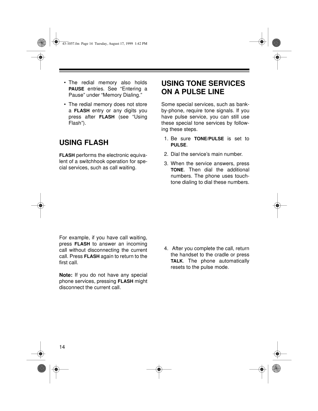 Radio Shack ET-557 owner manual Using Flash, Using Tone Services on a Pulse Line 