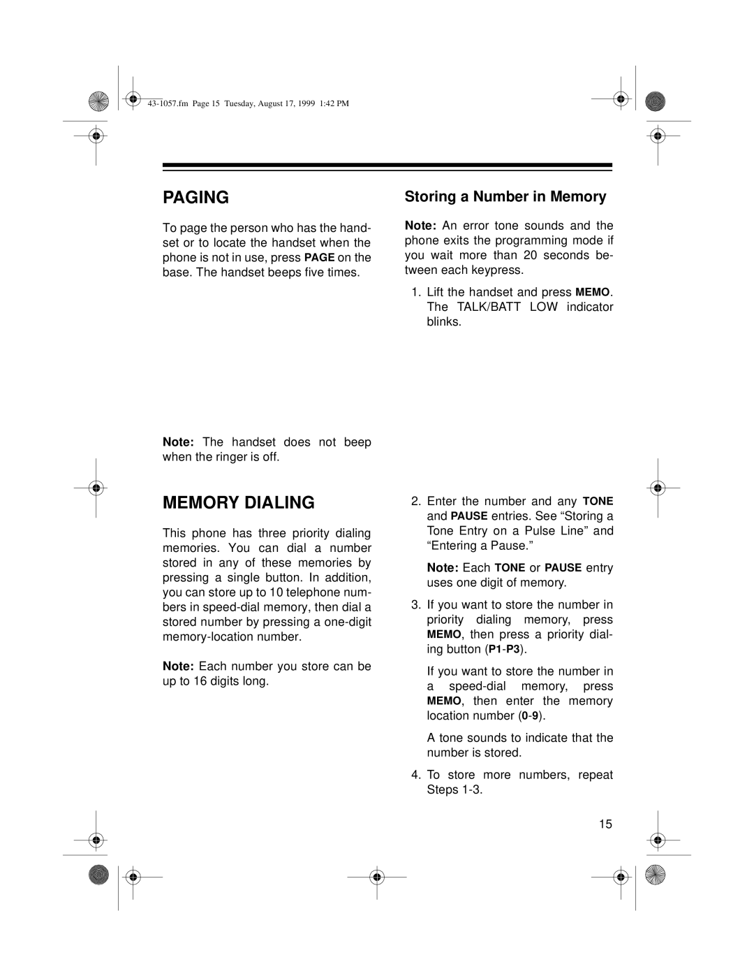 Radio Shack ET-557 owner manual Paging, Memory Dialing, Storing a Number in Memory 