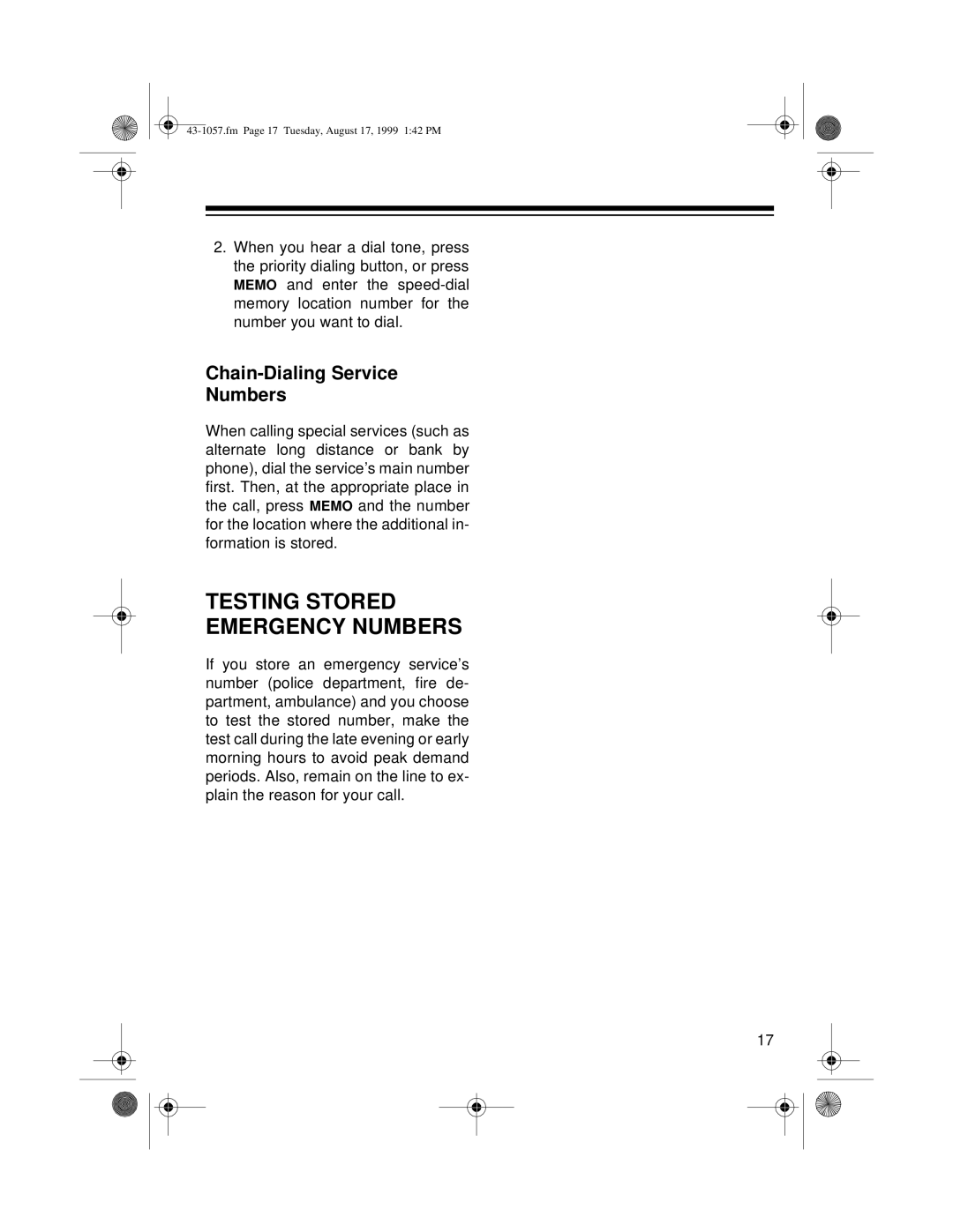 Radio Shack ET-557 owner manual Testing Stored Emergency Numbers, Chain-Dialing Service Numbers 