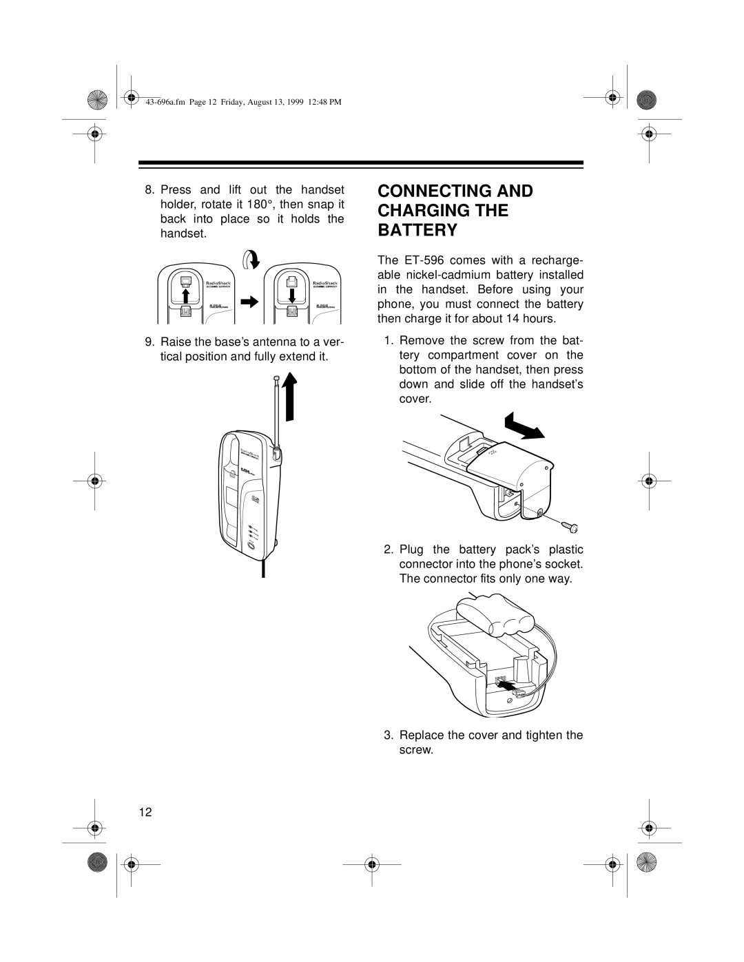 Radio Shack ET-596 owner manual Connecting and Charging the Battery 