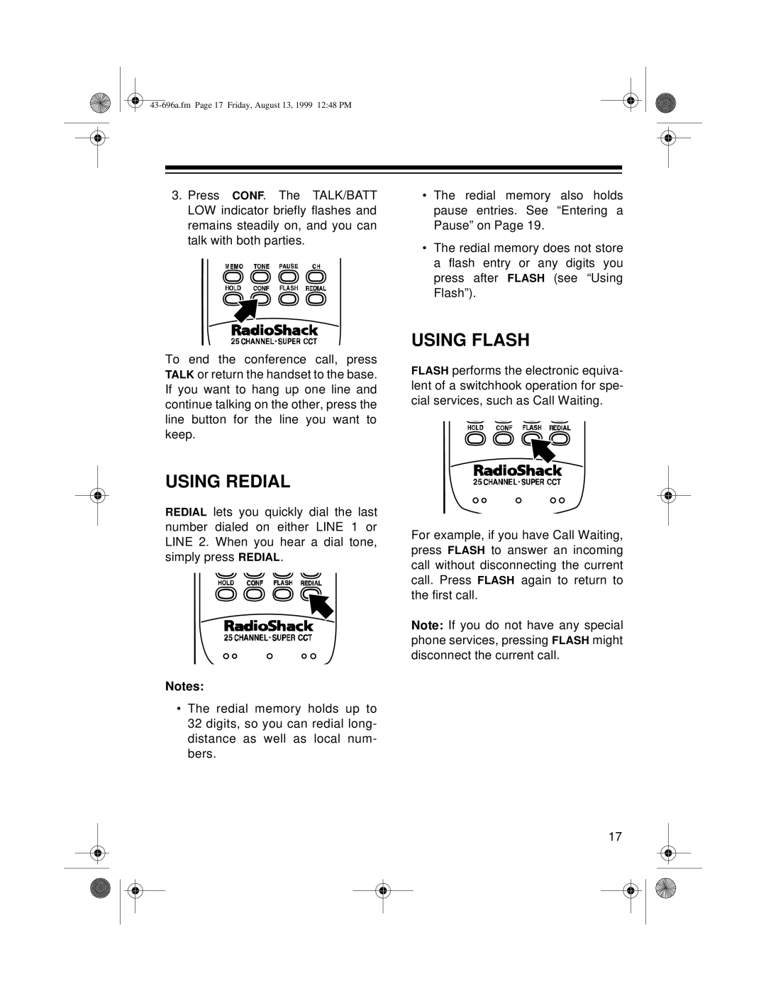 Radio Shack ET-596 owner manual Using Redial, Using Flash 