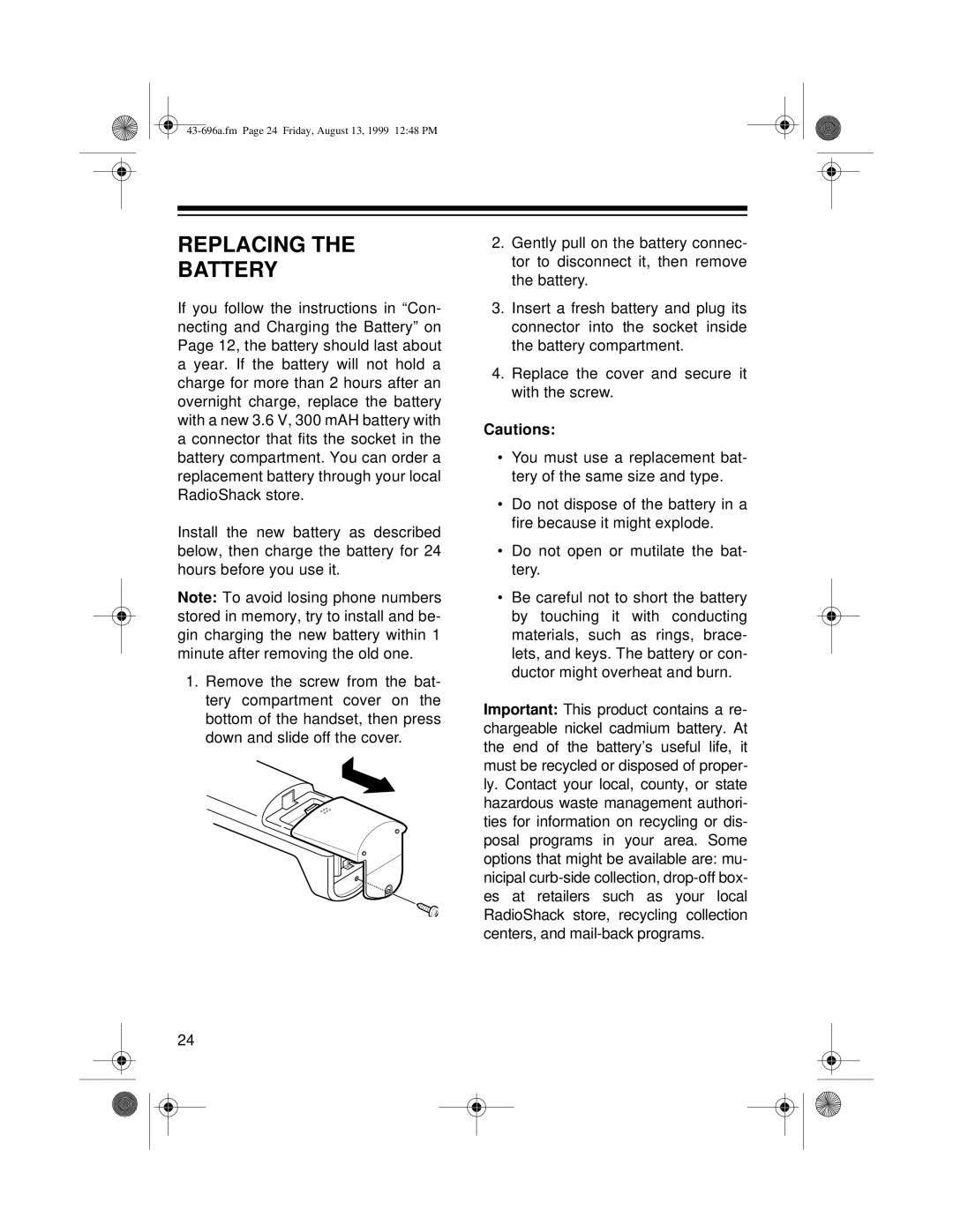 Radio Shack ET-596 owner manual Replacing Battery 