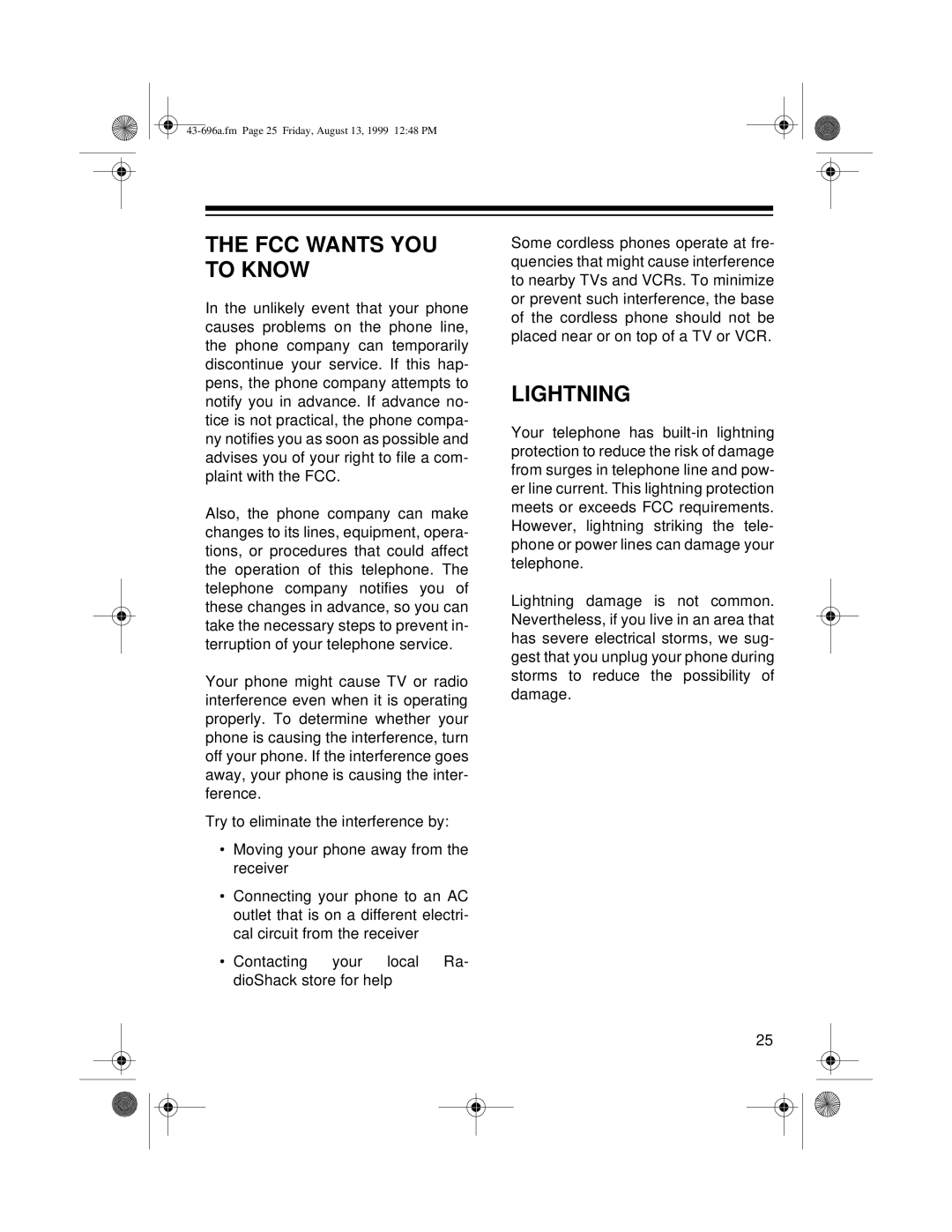 Radio Shack ET-596 owner manual FCC Wants YOU to Know, Lightning 