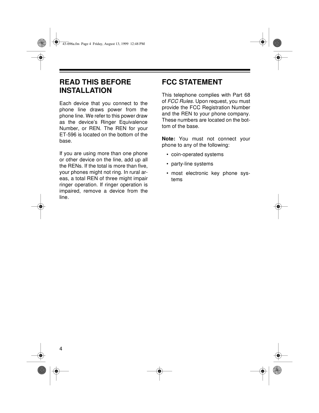 Radio Shack ET-596 owner manual Read this Before Installation, FCC Statement 