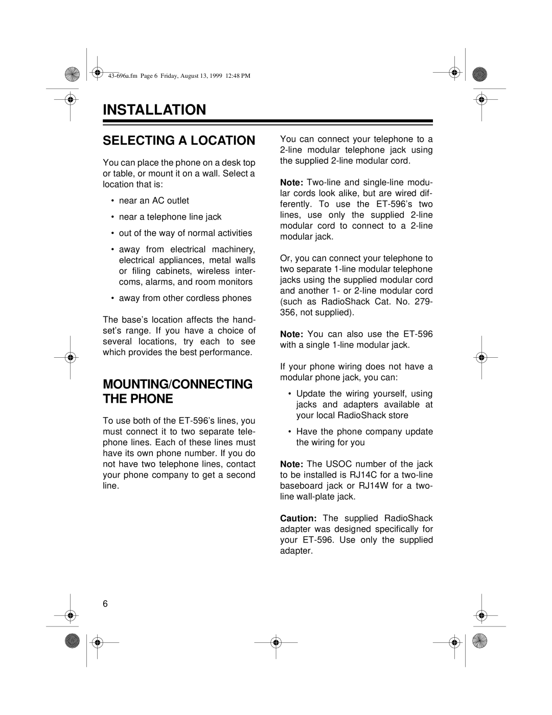 Radio Shack ET-596 owner manual Installation, Selecting a Location 