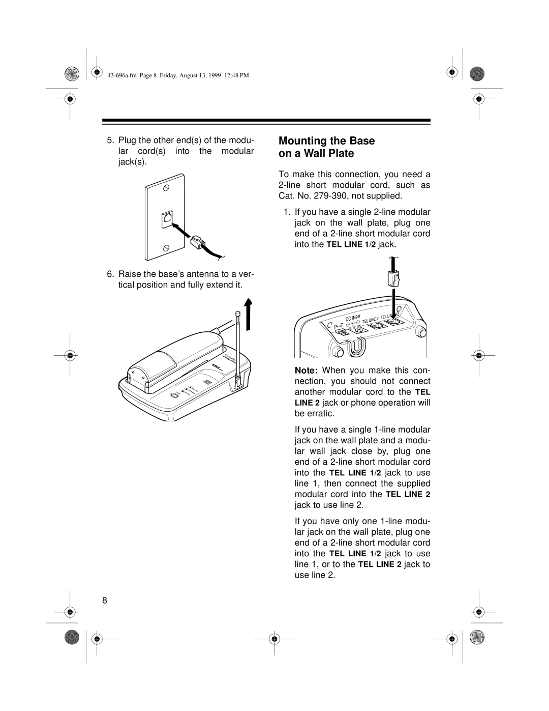 Radio Shack ET-596 owner manual Mounting the Base on a Wall Plate 