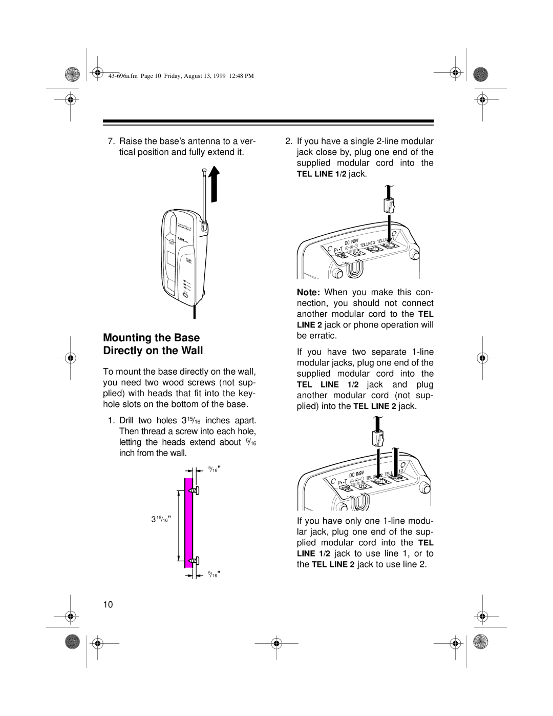 Radio Shack ET-596 owner manual Mounting the Base Directly on the Wall 