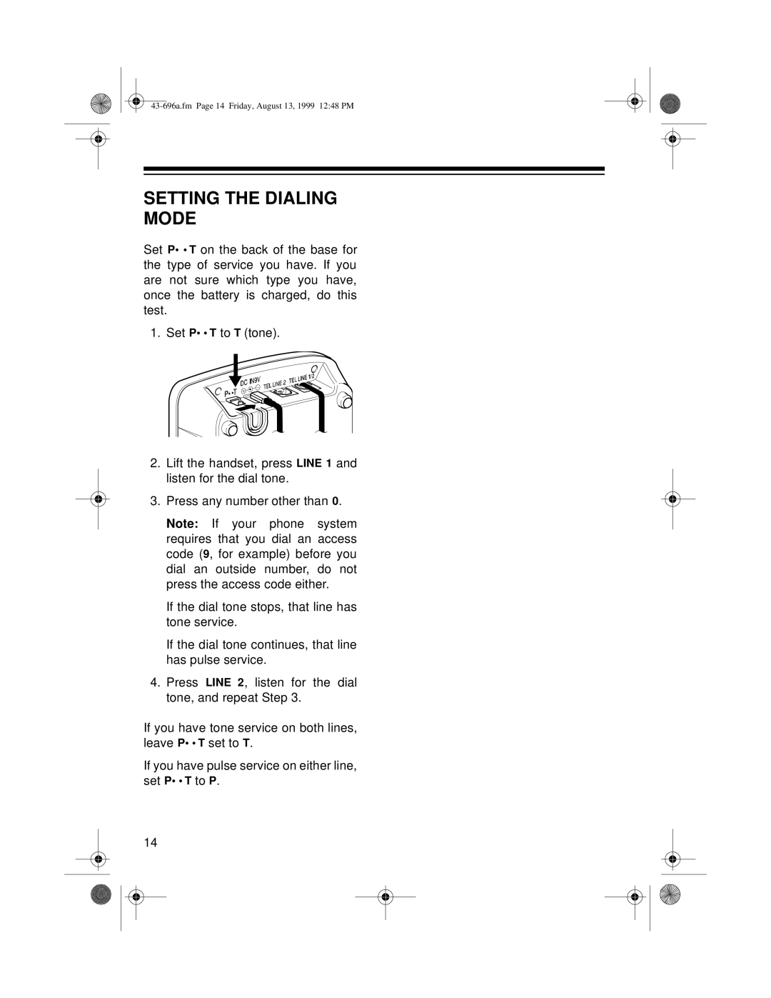 Radio Shack ET-596 owner manual Setting the Dialing Mode 