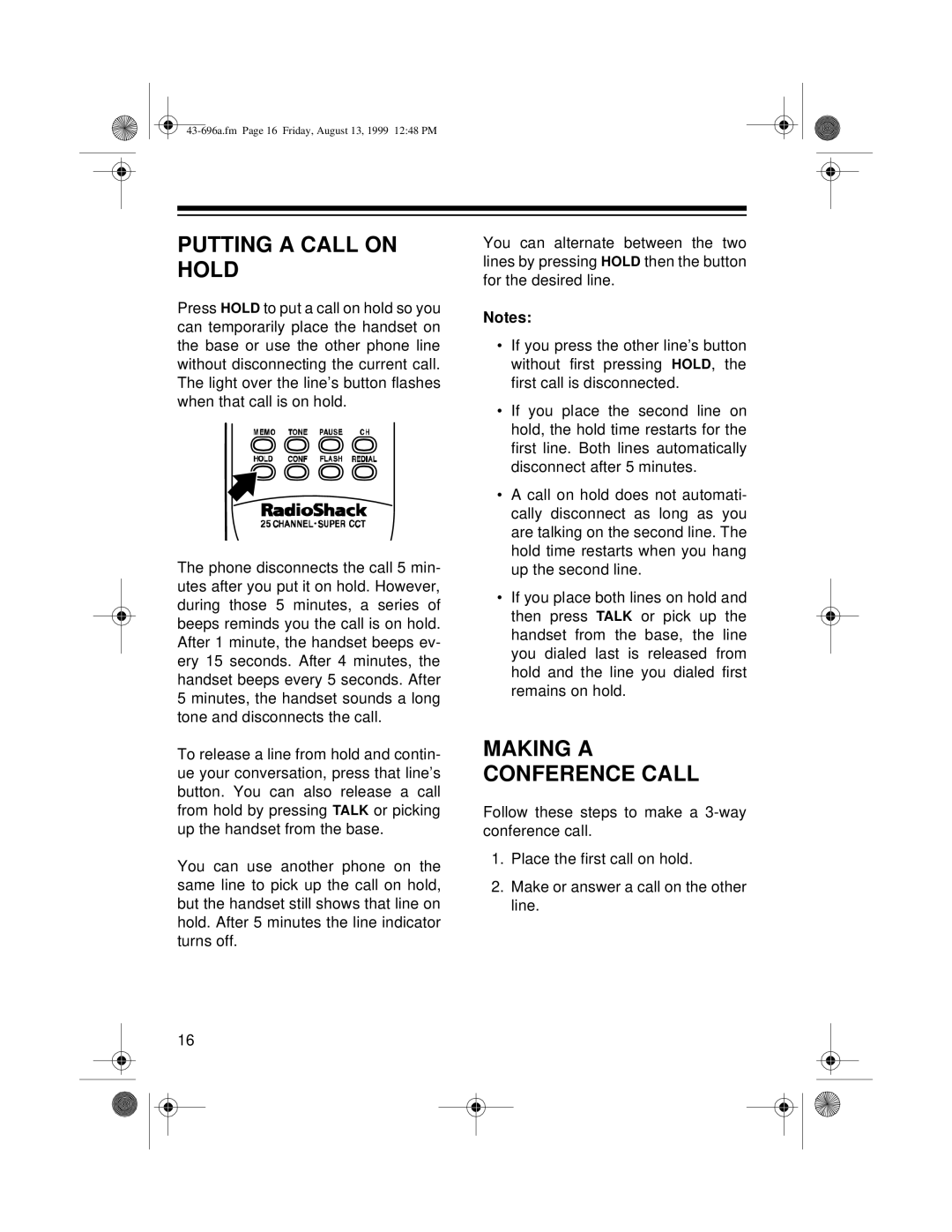 Radio Shack ET-596 owner manual Putting a Call on Hold, Making a Conference Call 