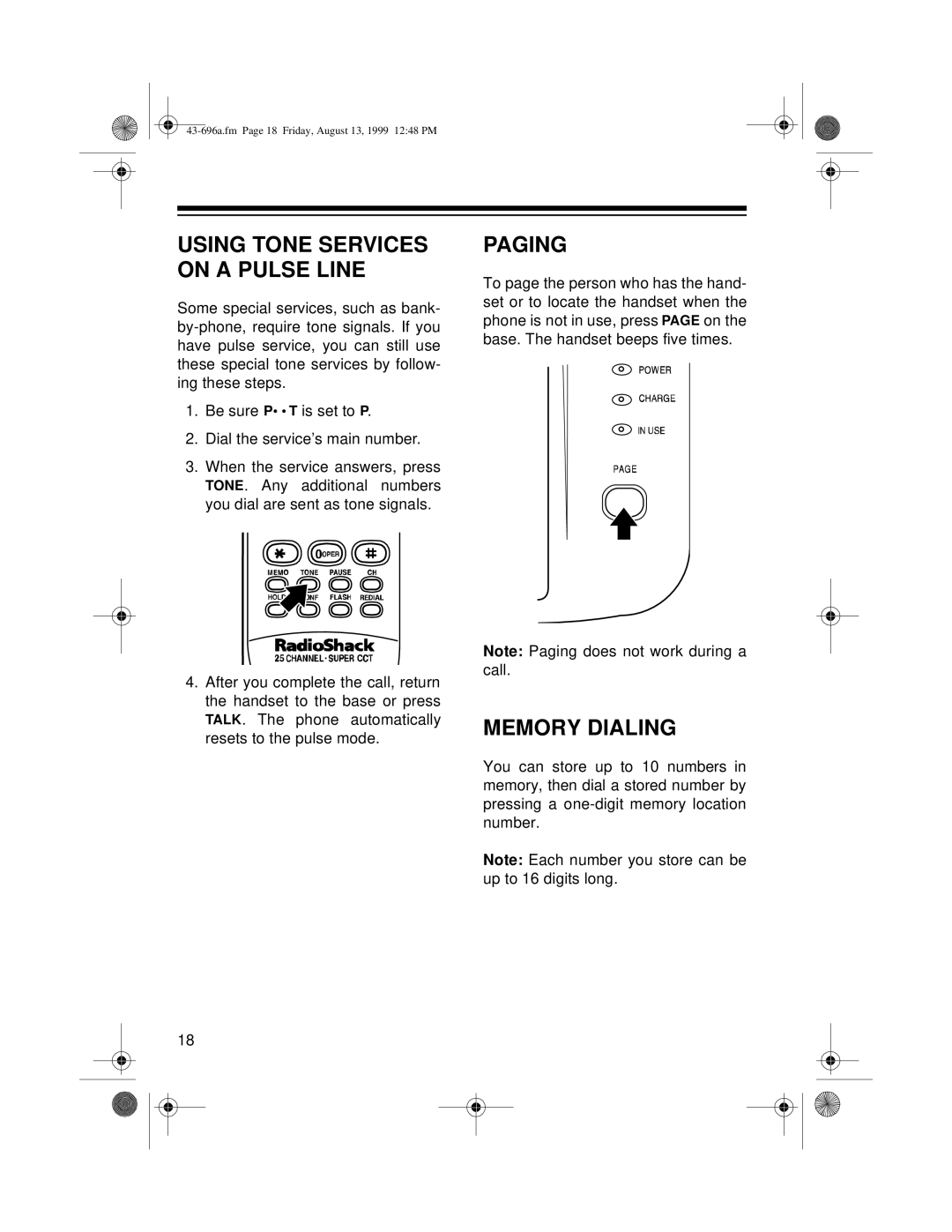 Radio Shack ET-596 owner manual Paging, Memory Dialing 