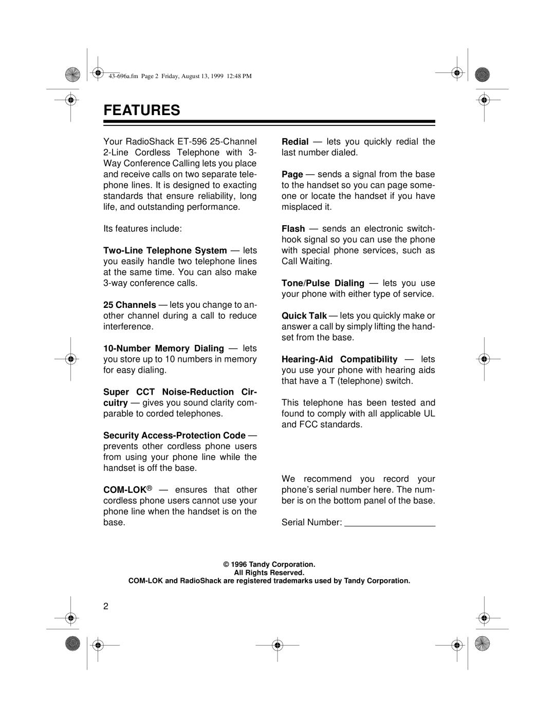 Radio Shack ET-596 owner manual Features 