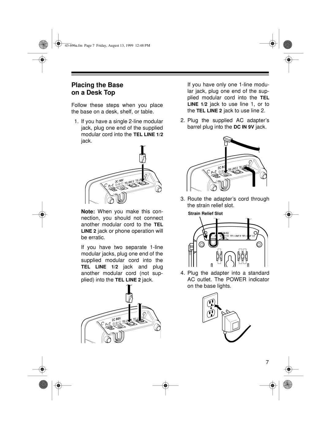 Radio Shack ET-596 owner manual Placing the Base on a Desk Top 