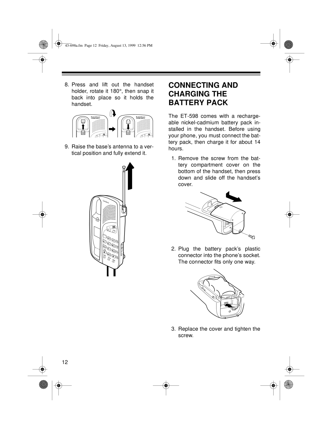 Radio Shack ET-598 owner manual Connecting and Charging the Battery Pack 