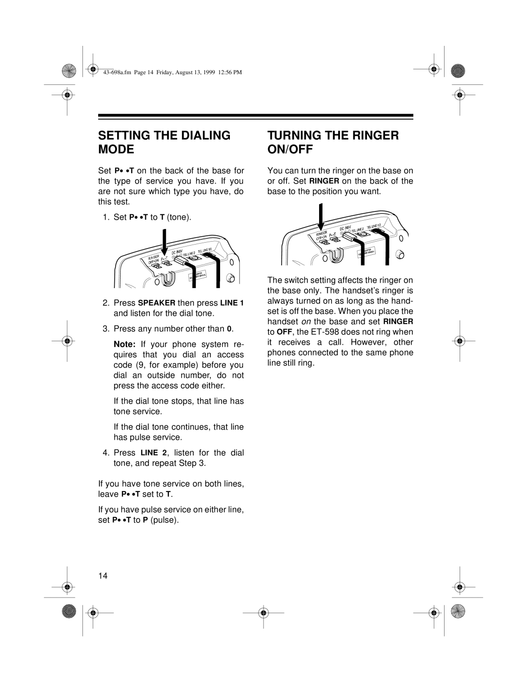 Radio Shack ET-598 owner manual Setting the Dialing Mode, Turning the Ringer ON/OFF 