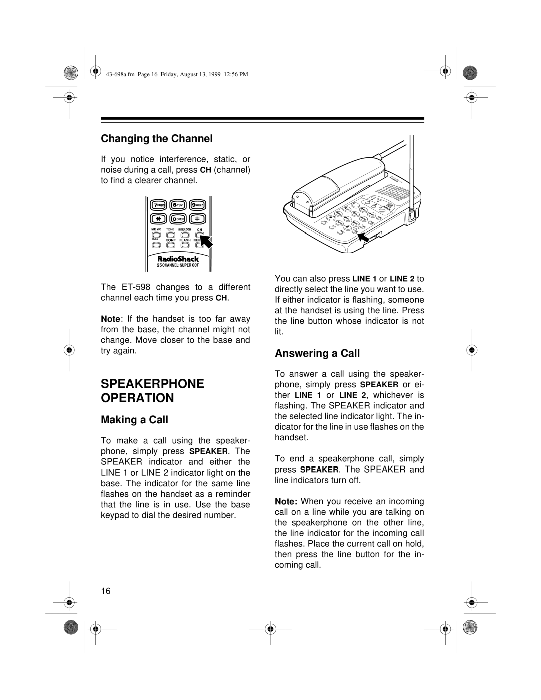 Radio Shack ET-598 owner manual Speakerphone Operation, Changing the Channel 