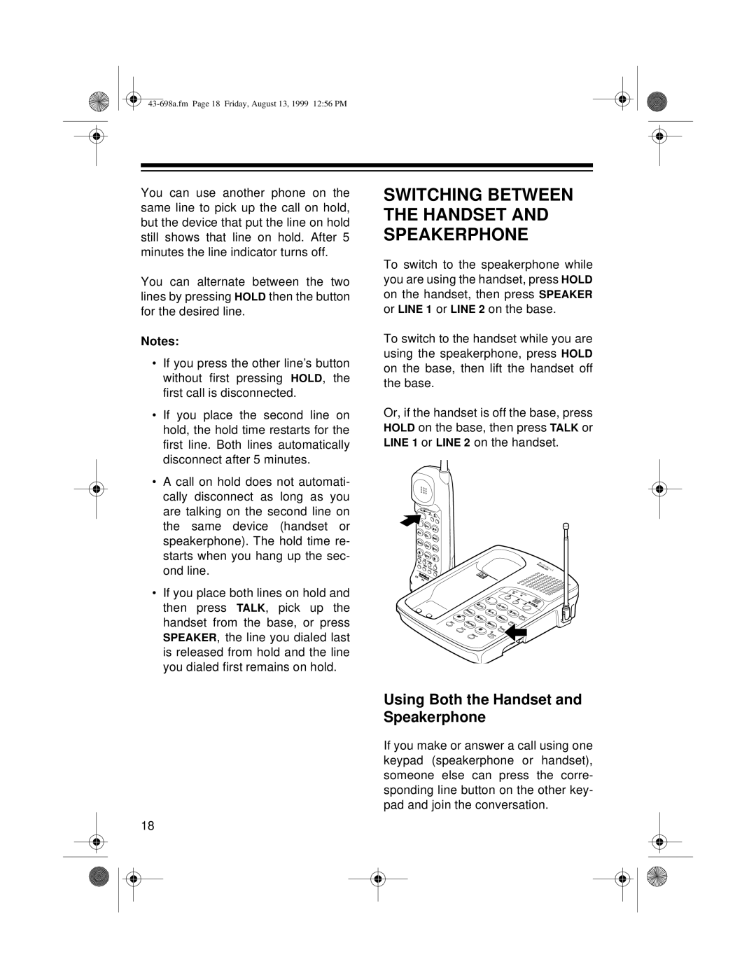 Radio Shack ET-598 owner manual Switching Between the Handset and Speakerphone, Using Both the Handset and Speakerphone 