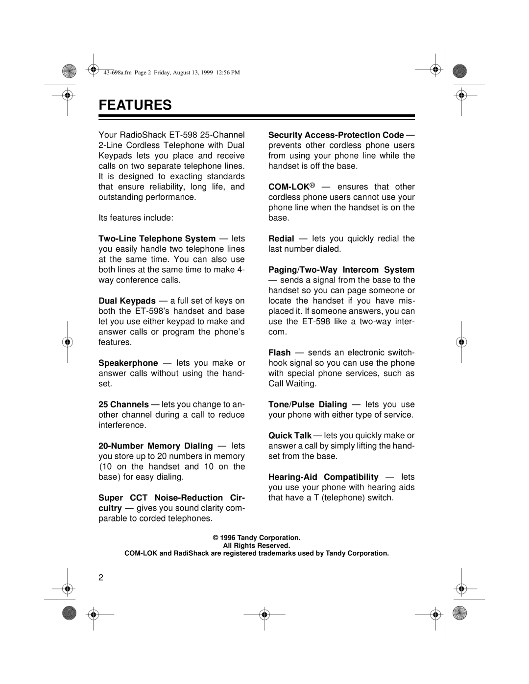 Radio Shack ET-598 owner manual Features, Paging/Two-Way Intercom System 