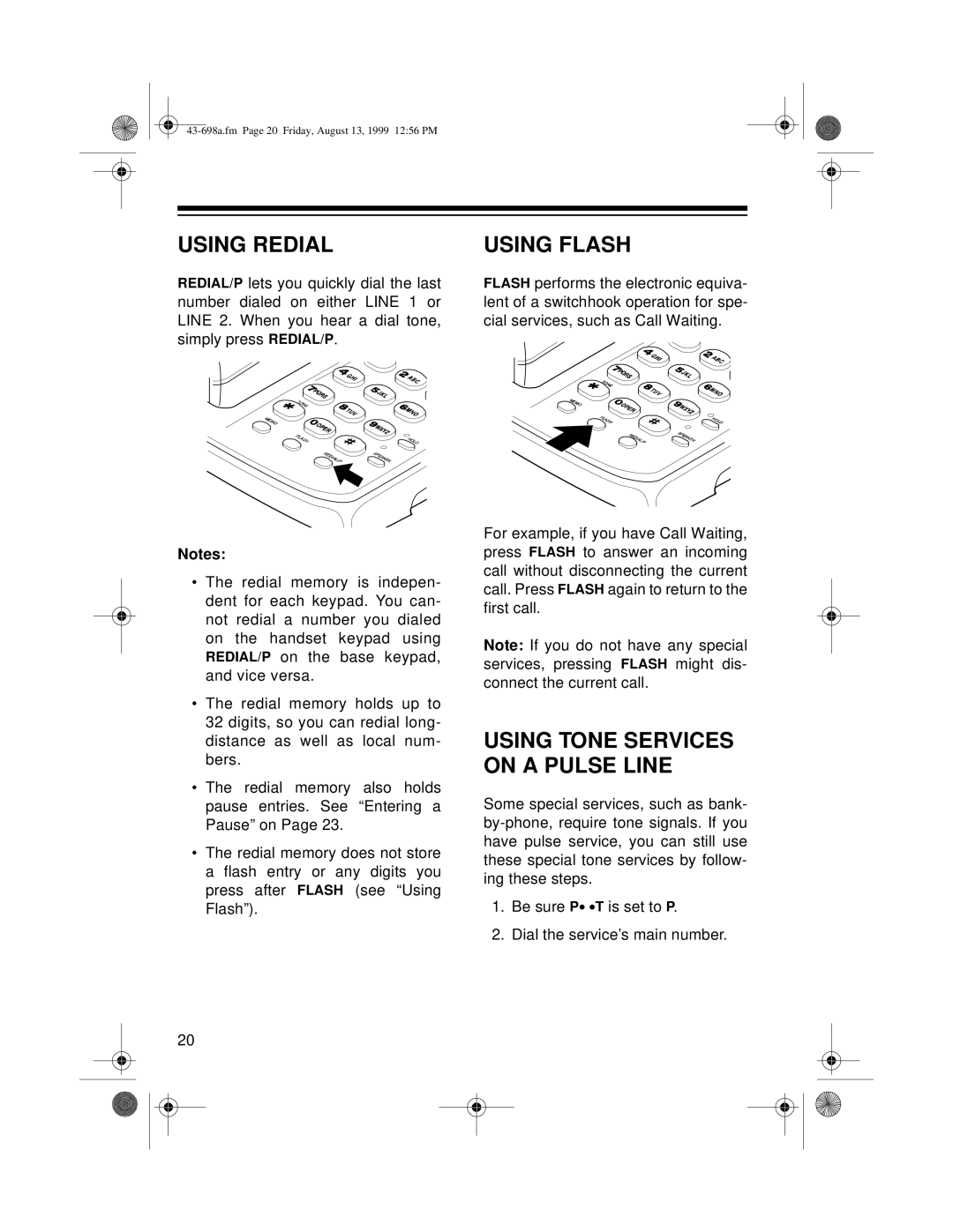 Radio Shack ET-598 owner manual Using Redial, Using Flash 