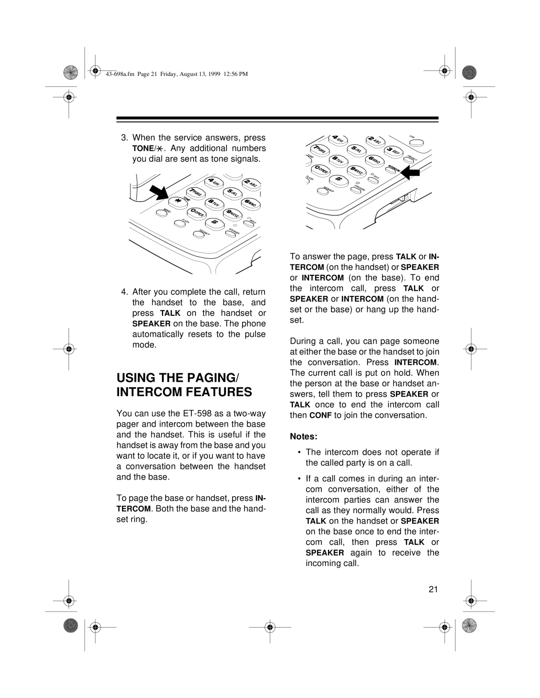 Radio Shack ET-598 owner manual Using the PAGING/ Intercom Features 