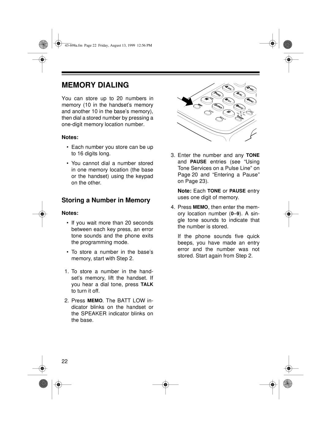 Radio Shack ET-598 owner manual Memory Dialing, Storing a Number in Memory 