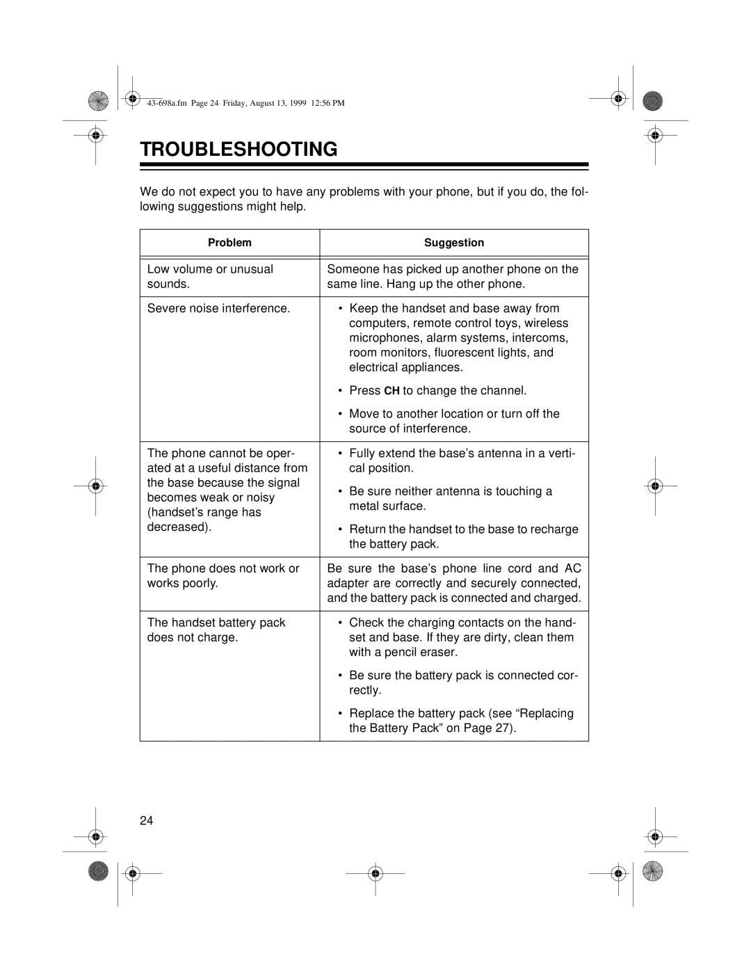 Radio Shack ET-598 owner manual Troubleshooting 