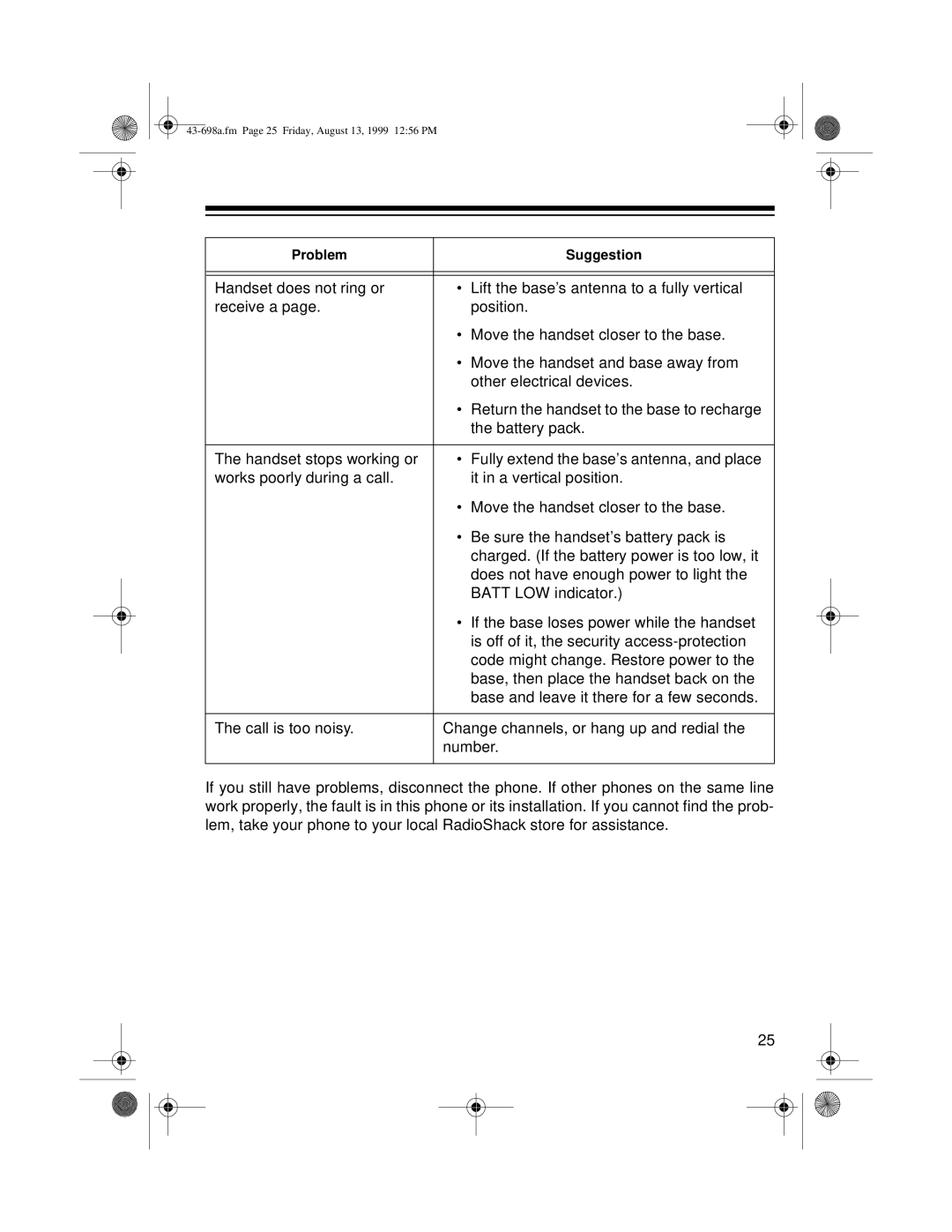 Radio Shack ET-598 owner manual 43-698a.fm Page 25 Friday, August 13, 1999 1256 PM 