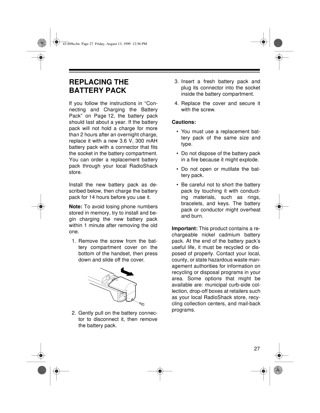 Radio Shack ET-598 owner manual Replacing Battery Pack 