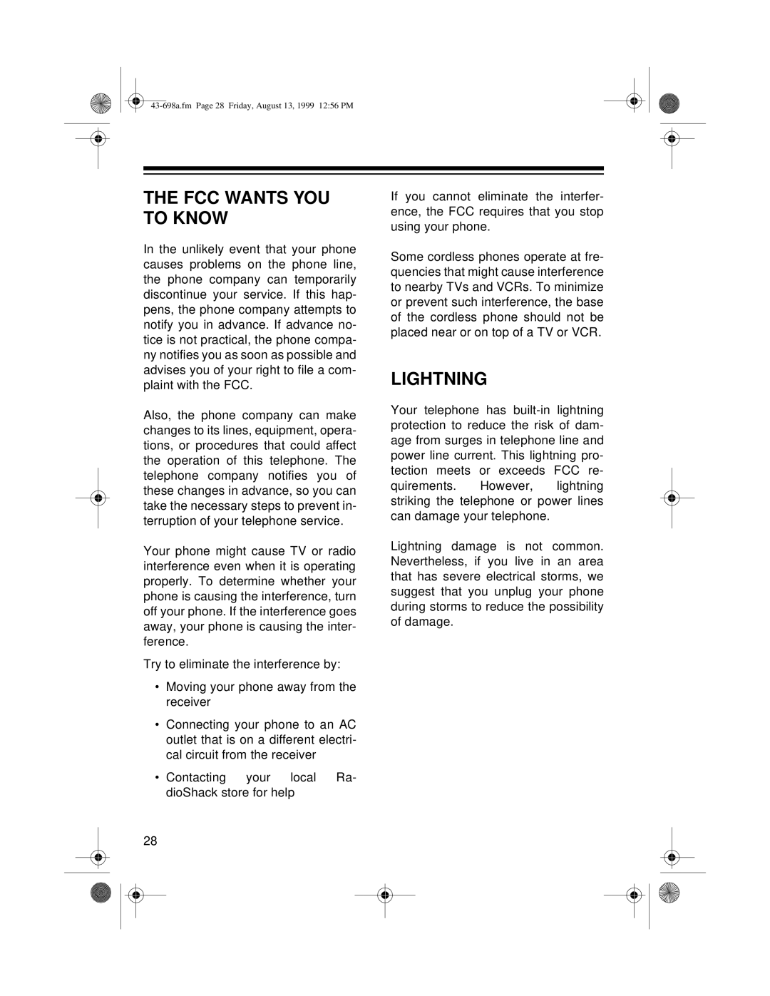 Radio Shack ET-598 owner manual FCC Wants YOU to Know, Lightning 