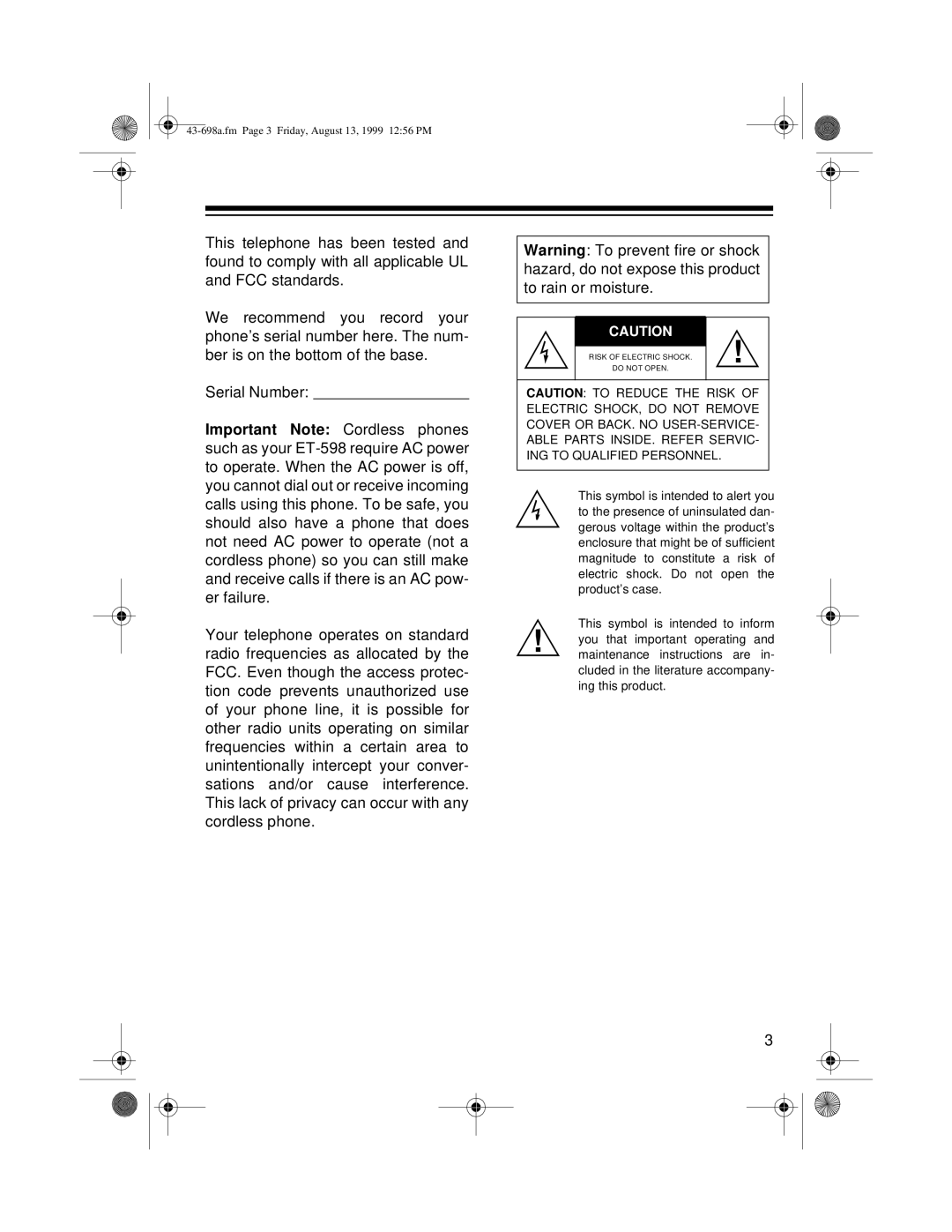 Radio Shack ET-598 owner manual 43-698a.fm Page 3 Friday, August 13, 1999 1256 PM 