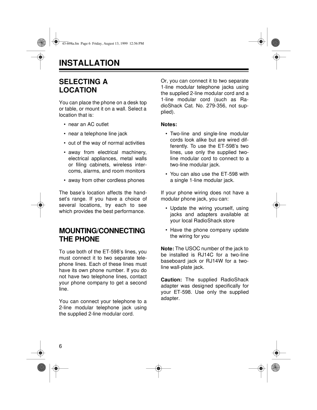 Radio Shack ET-598 owner manual Installation, Selecting a Location 