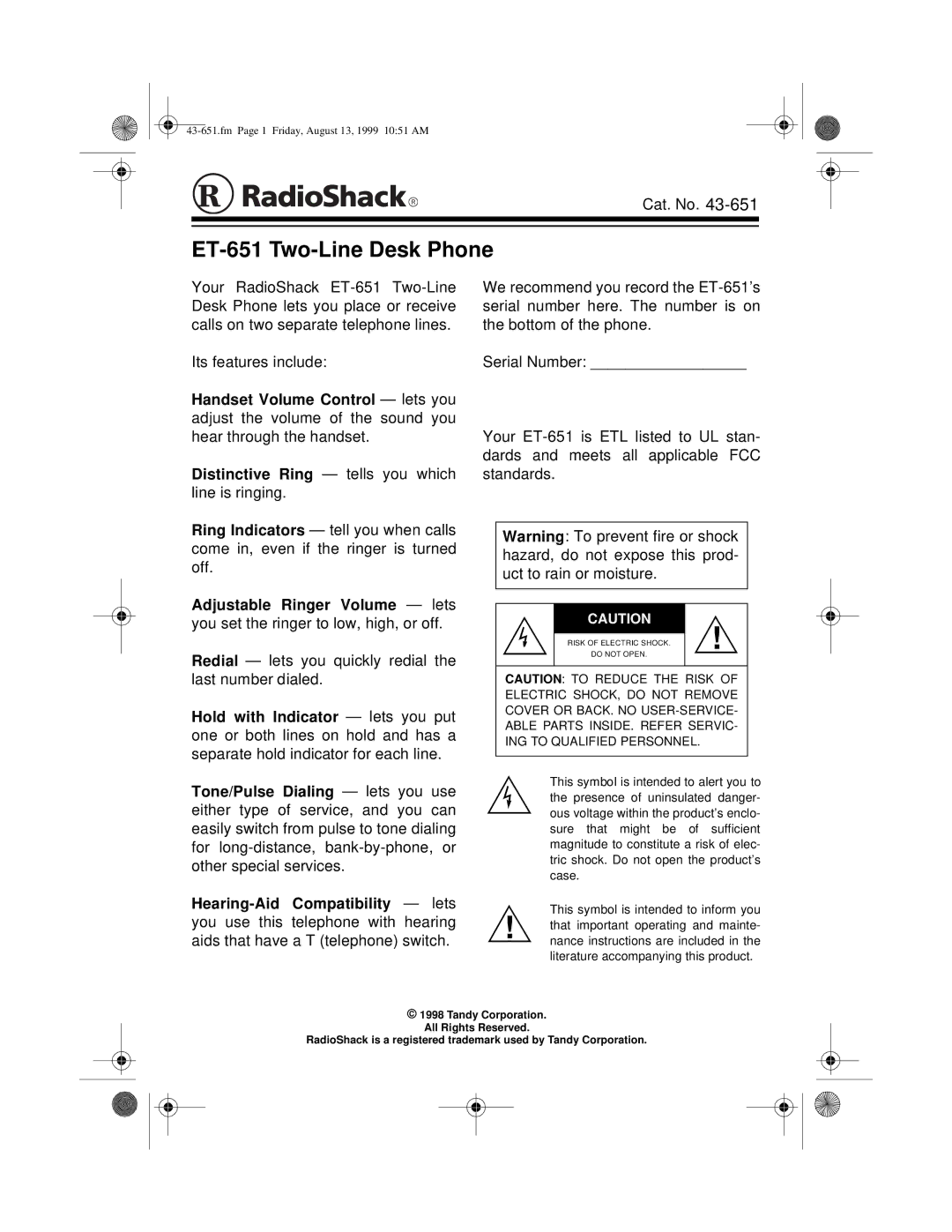 Radio Shack user service ET-651 Two-Line Desk Phone 