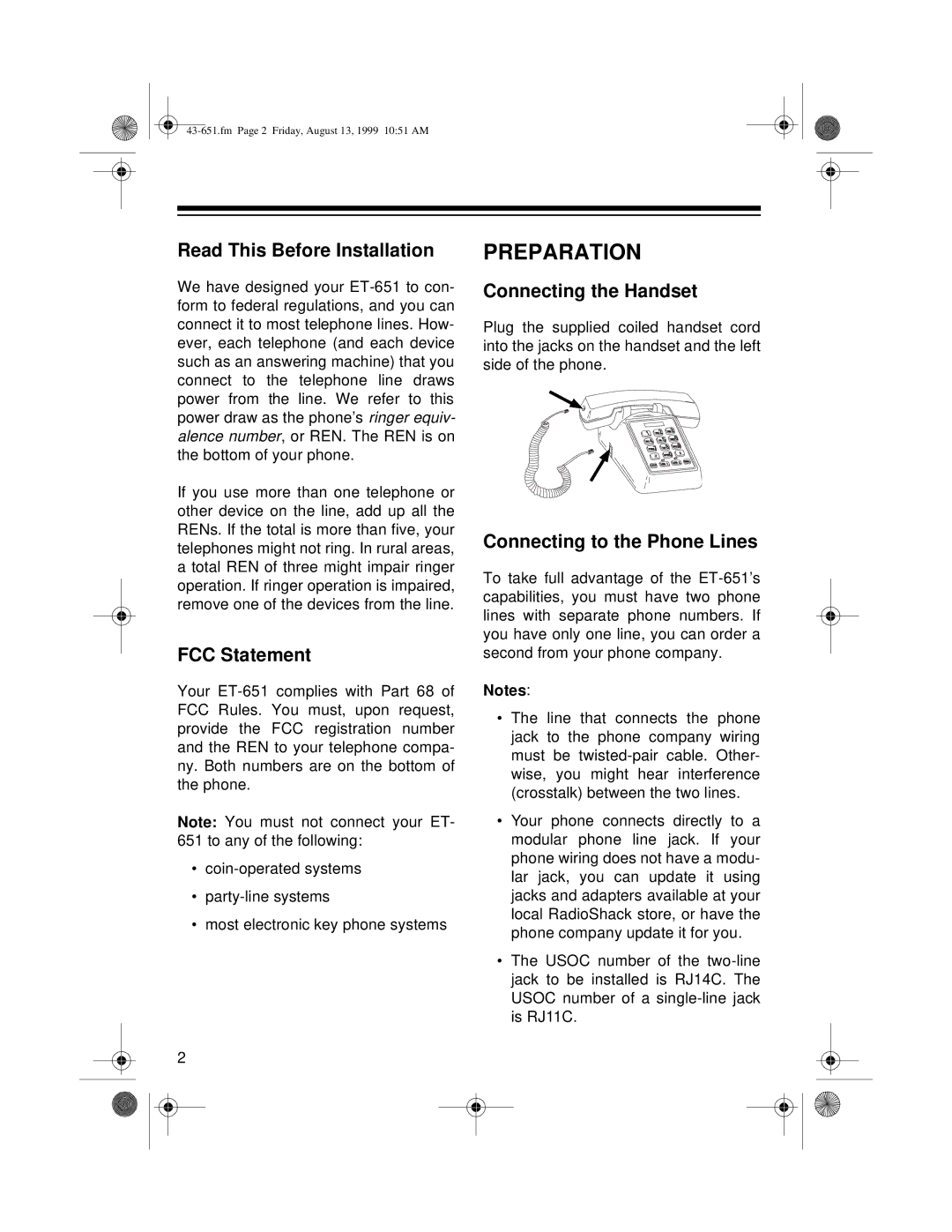 Radio Shack ET-651 user service Preparation, Read This Before Installation, FCC Statement, Connecting the Handset 